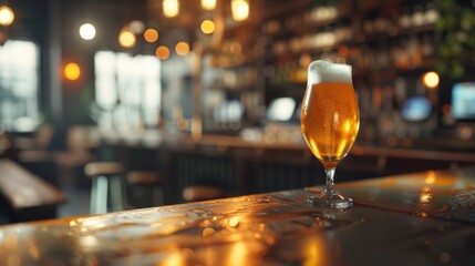 Beer glass with frothy head on bar counter in cozy pub, evening ambiance. Hospitality and nightlife concept