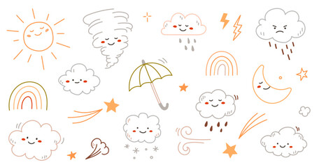 Cloud rain weather cartoon cute set. Cloud, sun, moon weather character with smile and angry face. Hand drawn doodle sketch style. Rainbow, wind, tornado doodle character. Vector illustration.