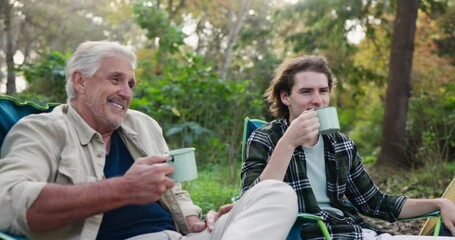 Camping, coffee or cheers with father and son outdoor in forest for adventure, bonding or travel. Toast, love or smile with senior parent and boy in nature together for holiday, getaway or vacation