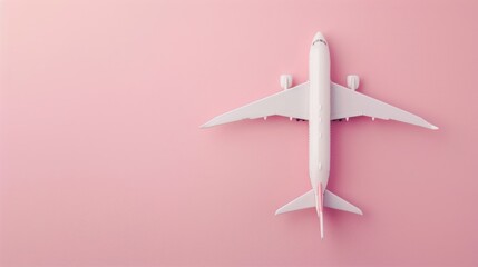 Toy plane in white on pink background with space for text travel theme