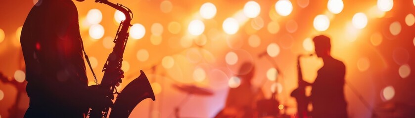 Silhouetted jazz band performing on stage with vibrant lights creating a lively and energetic atmosphere.