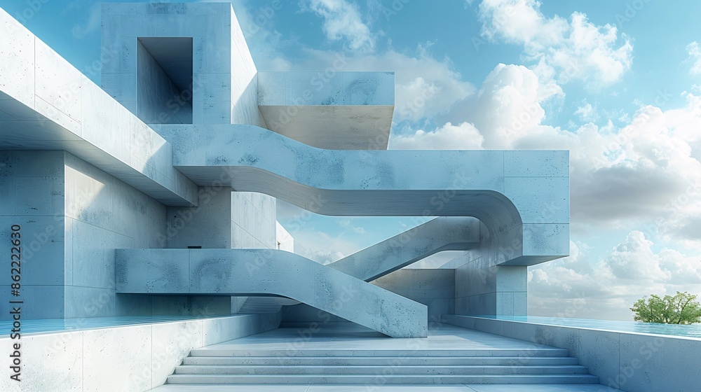 Poster futuristic 3d render of an abstract and surreal architectural design, featuring minimal geometric sh