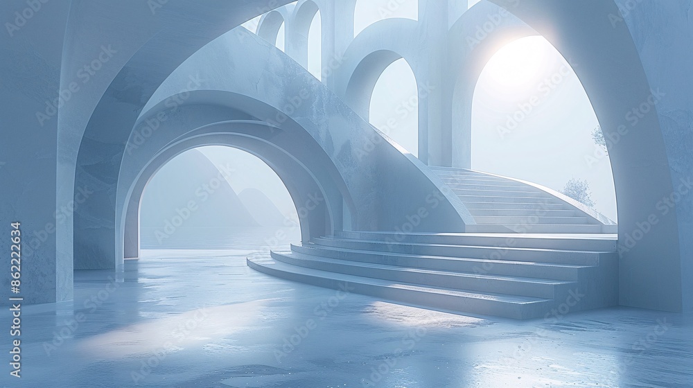 Poster abstract 3d render of a fantastical architectural landscape, featuring surreal geometric forms in a 