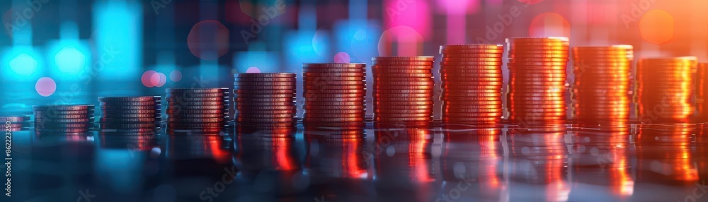 Poster stacks of coins arranged in ascending order with colorful bokeh background, representing financial g