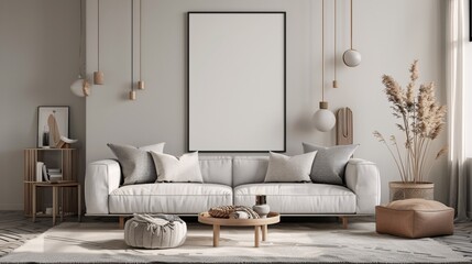 Living room wall poster mockup with modern interior design.