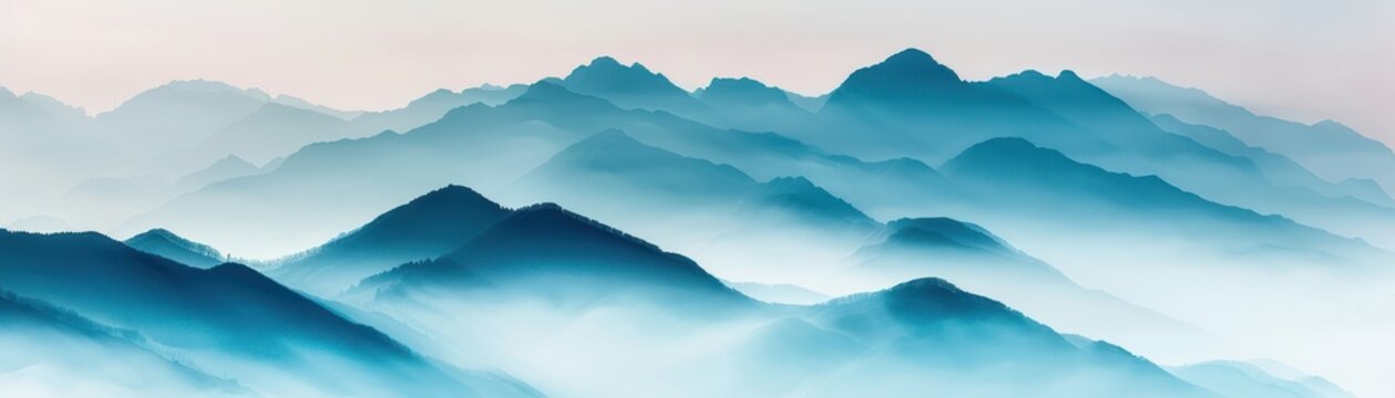 Tranquil mountain range shrouded in mist with a gradient of blue hues, offering a serene and peaceful landscape view.