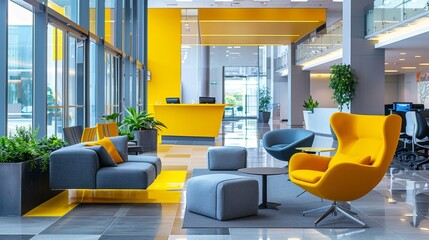 Energetic modern office lobby, featuring yellow and gray furniture, creating a lively and upbeat atmosphere