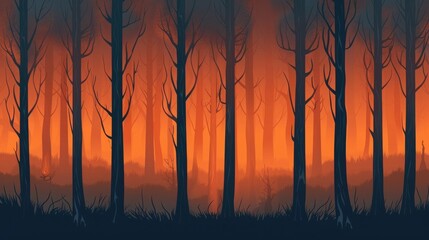 Fototapeta premium A vivid illustration of a forest fire with raging flames illuminating the dark trees, creating a dramatic and intense scene.
