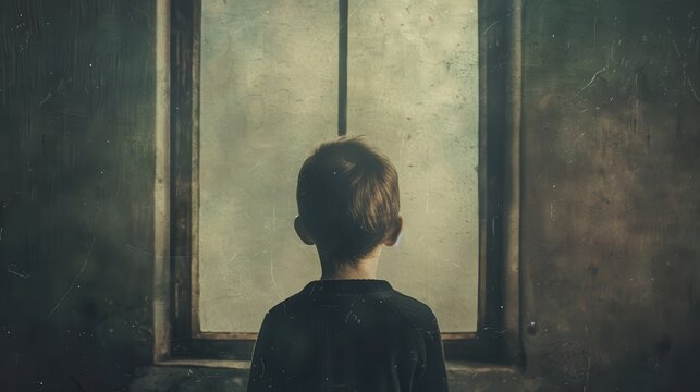 A lone child standing by a window, gazing outside. The ambiance is moody and melancholic, evoking a sense of solitude and contemplation.
