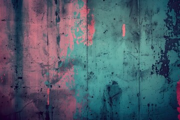 Abstract grunge texture vibrant colors pink teal, creating moody artistic background weathered, distressed look.