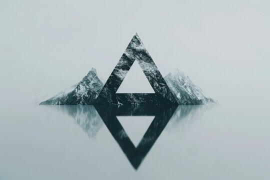 Abstract geometric triangle shape with a mountain landscape reflection in water, minimalism and symmetry in nature and design.