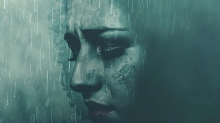 Artistic portrait woman melancholic expression rain, emphasizing emotions beauty sadness.