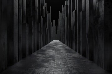 Fototapeta premium Eerie dark corridor with tall black pillars creating a haunting and mysterious atmosphere, suitable for backgrounds or conceptual art.