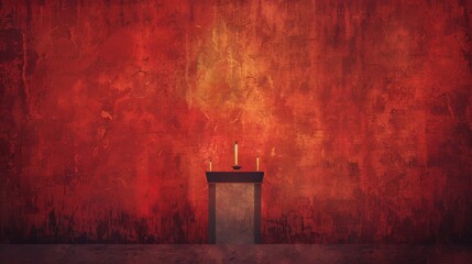 Moody red background with three candles on a small table, evoking a sense of mystery and ambiance.