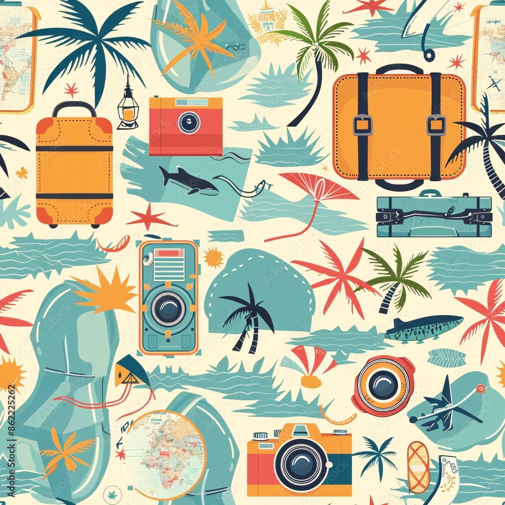 Poster a seamless pattern with summer travel items such as suitcases, cameras, and maps, creating an advent