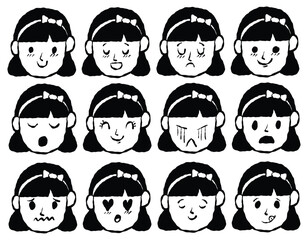 Set of Cartoon Girl Faces in Different Emotions and Moods