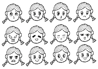 Set of Cartoon Girl Faces in Different Emotions and Moods