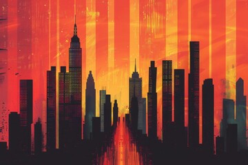 Fototapeta premium Stunning illustration of a city skyline at sunset with vibrant orange and red hues, featuring tall skyscrapers and a modern urban landscape.