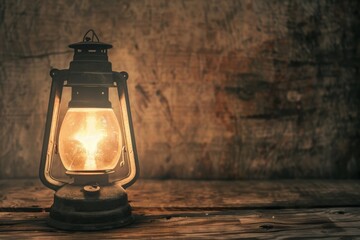 Vintage lantern glowing in a rustic setting, casting a warm, nostalgic light on a wooden surface with a textured background.