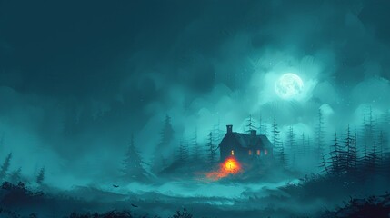 Fototapeta premium Darkness Spooky haunted house with eerie lighting and fog, creating a chilling and mysterious atmosphere perfect for a thrilling adventure. Illustration, Minimalism,