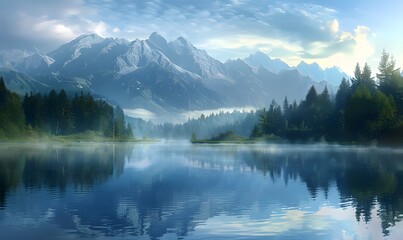 Tranquil mountain landscape with a lake reflection, offering a peaceful and natural background