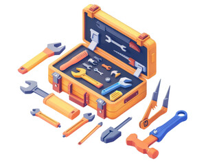 PNG of 3D minimal tool kit streamlined box with simplified tools, smooth surfaces, isometric,HD, high resolution, Trending on Nintendo,  isolated on white background