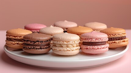 Dessert Classic French macarons in various flavors and pastel colors, elegantly presented on a porcelain plate, perfect for a sophisticated dessert. Illustration, Minimalism,