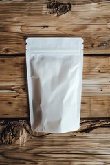 white packaging bag mockup, on a wooden table, top view with header seal, for coffee, tea, 2:3
