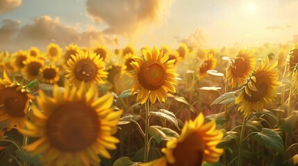 Fototapeta premium A field of yellow sunflowers with a bright sun in the background generated by AI