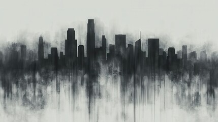 Abstract black and white cityscape painting with a misty, ethereal quality, resembling an urban skyline shrouded in fog or smoke.