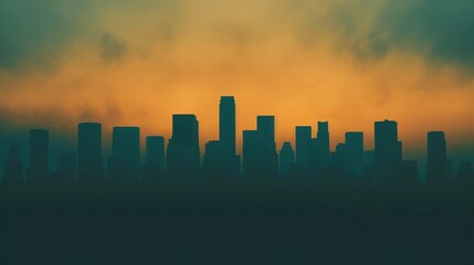 Fototapeta premium Dramatic city skyline silhouette at sunrise with vibrant orange and blue hues. Captivating urban landscape in calming early morning light.
