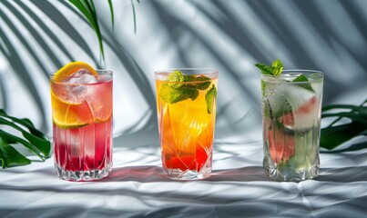 Three Refreshing Summer Cocktails With Fruit and Ice on White Fabric