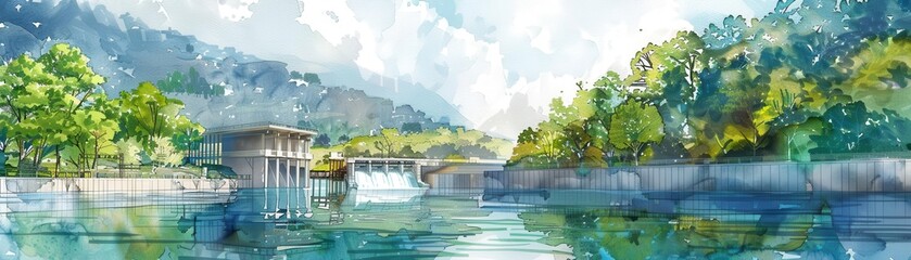 Naklejka premium Hydroelectric dam surrounded by lush greenery, water powering turbines, sustainability, watercolor, soft hues, harmonious blend of nature and technology