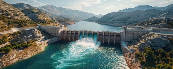 Aerial view of a hydroelectric dam in a mountainous region, water rushing through, power generation, 3D render, natural and industrial elements, high resolution