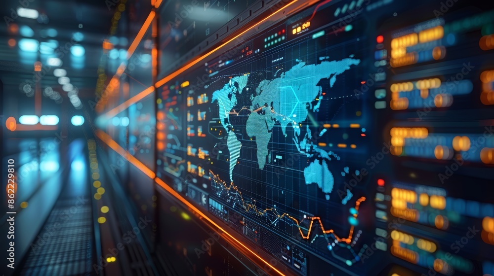 Poster a futuristic server room with a world map on a large screen, displaying data and analytics. the serv