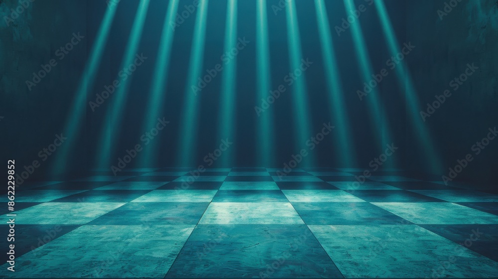 Poster mystical dark room with checkered floor and dramatic light beams creating an intriguing atmosphere, 
