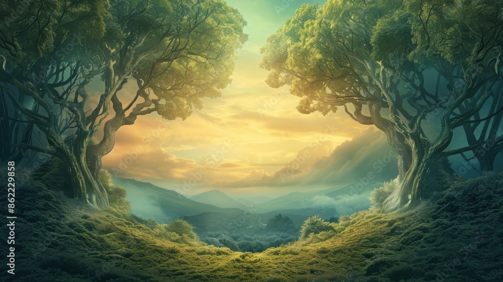 Poster mystical forest scene with lush trees and vibrant sunset, creating an enchanting and serene atmosphe