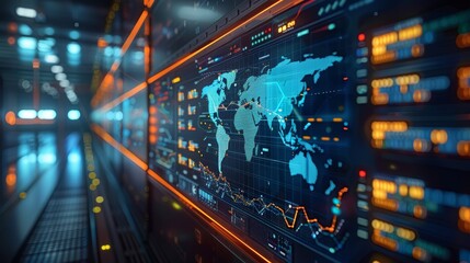 A futuristic server room with a world map on a large screen, displaying data and analytics. The server room is lit with blue and orange lights.