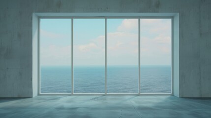 Modern minimalist room with large window showcasing a panoramic ocean view under a serene blue sky.
