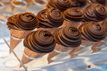 High quality artisanal made swiss chocolate horns from cocoa butter with different fillings