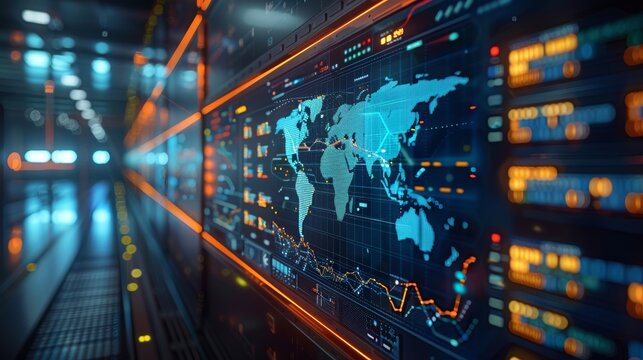 A futuristic server room with a world map on a large screen, displaying data and analytics. The server room is lit with blue and orange lights.