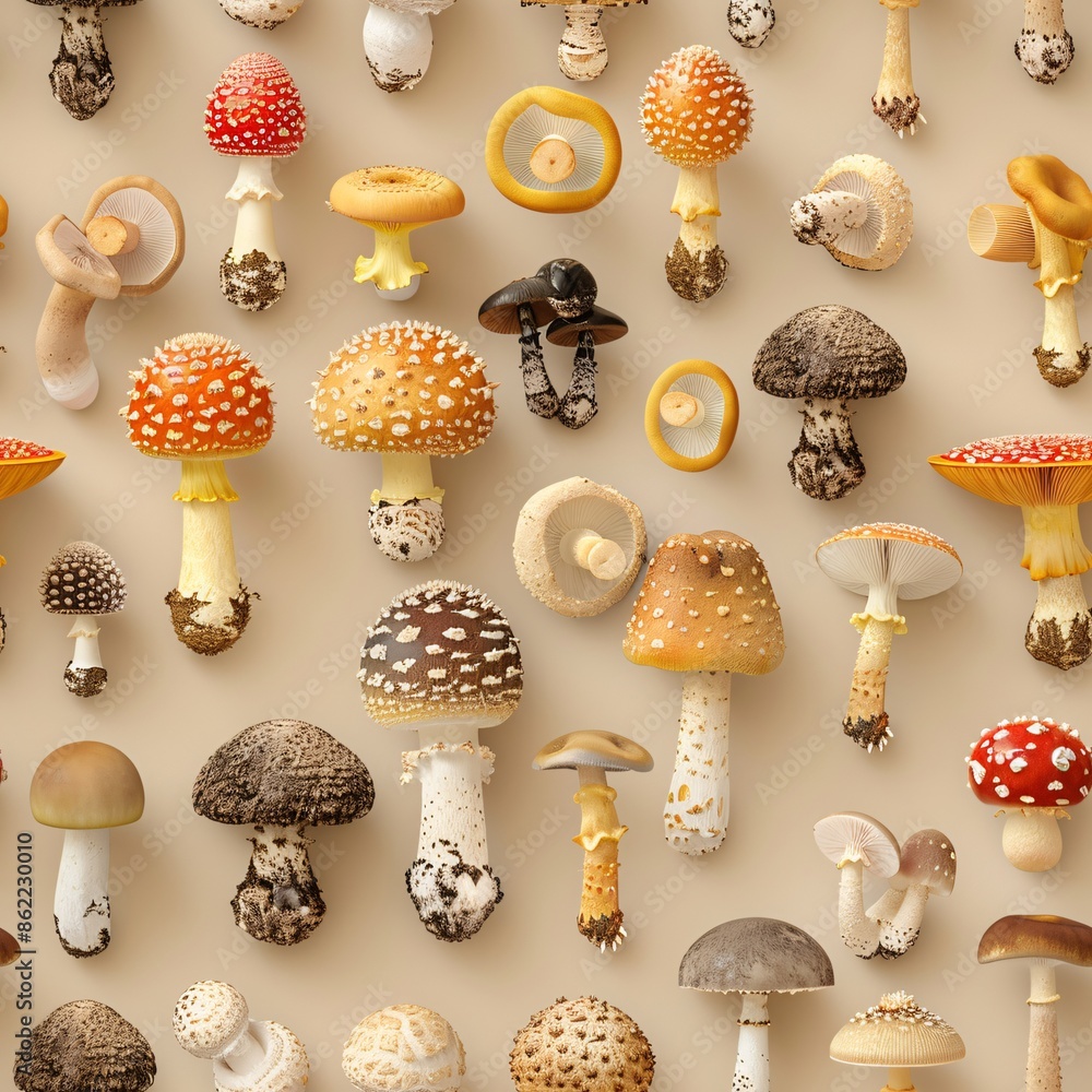 Poster 3d render of various mushrooms, laid out in rows to form a seamless pattern perfect for nature-theme