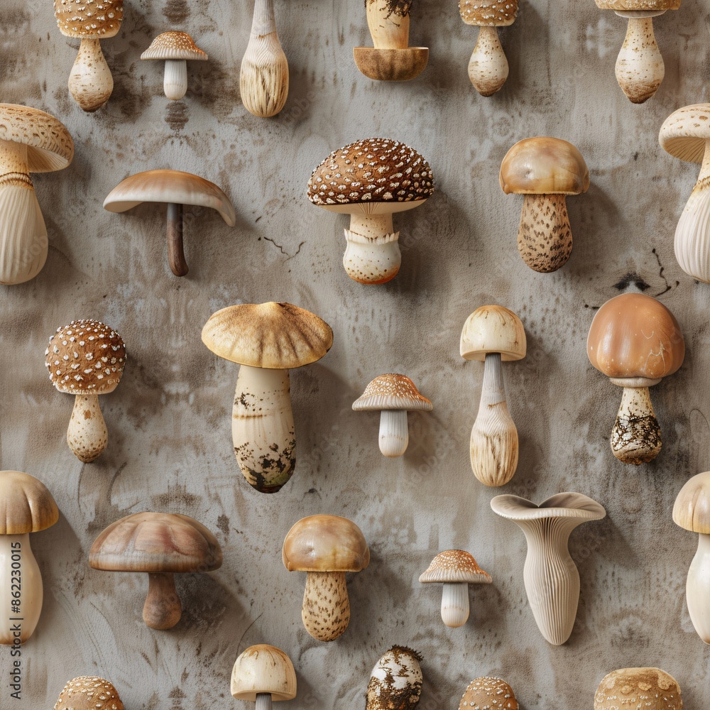 Poster 3d render of various mushrooms, laid out in rows to form a seamless pattern perfect for nature-theme