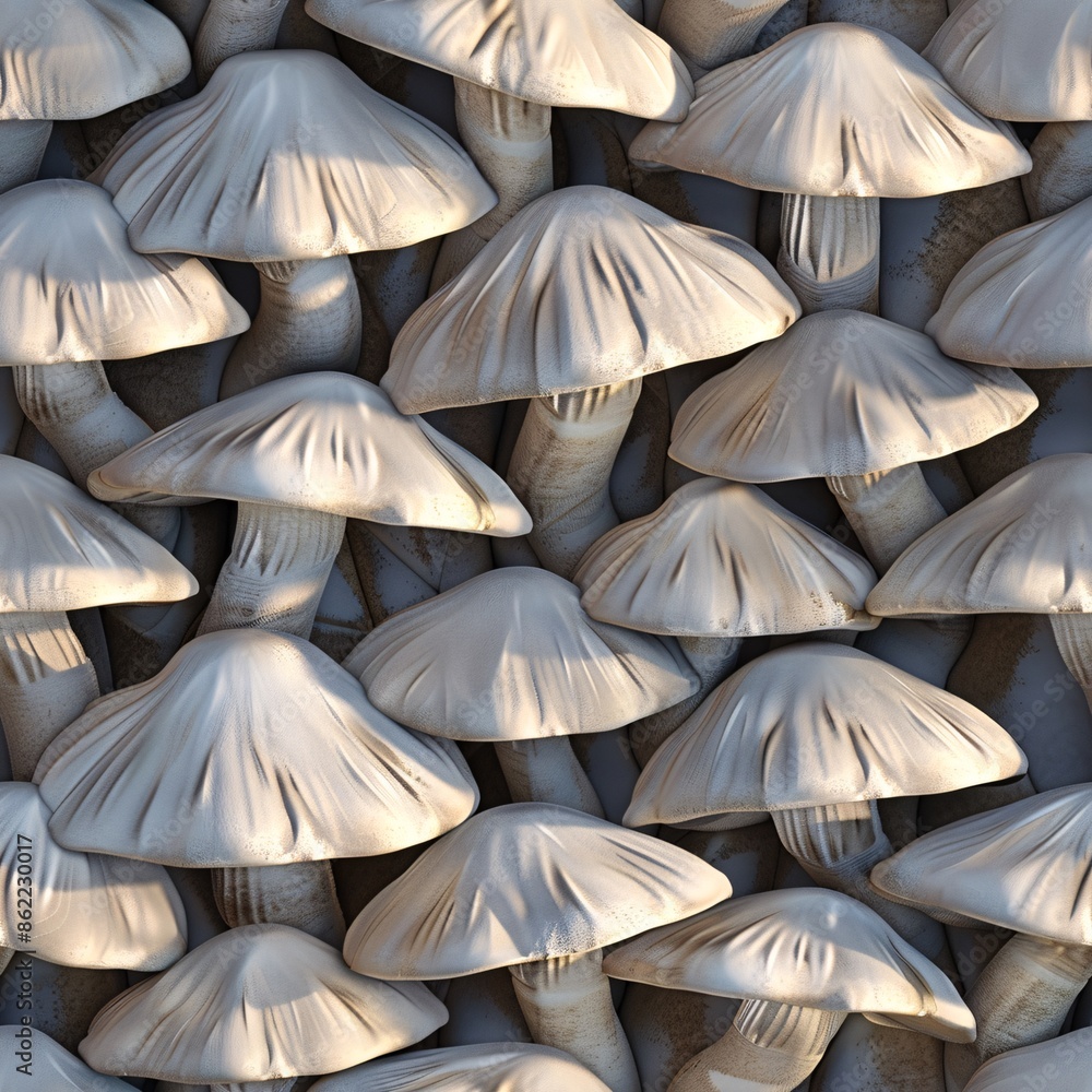 Aufkleber seamless 3d render of mushrooms, arranged in uniform rows to create a nature-inspired pattern design