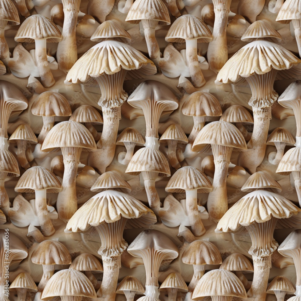 Aufkleber seamless 3d render of mushrooms, arranged in uniform rows to create a nature-inspired pattern design