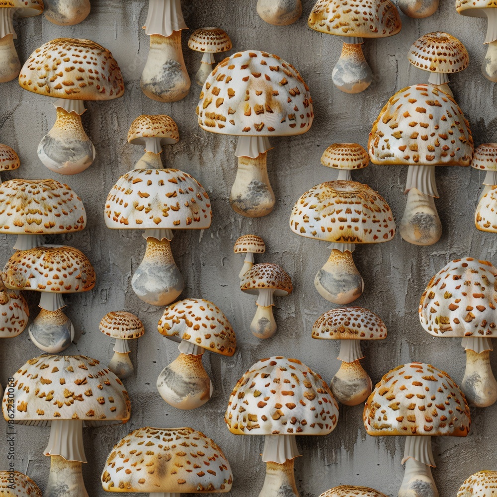 Aufkleber seamless 3d render of mushrooms, laid out in rows to form a natural and cohesive pattern design