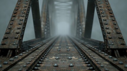 Obraz premium Rusty steel railway bridge enveloped in mist, creating an eerie and mysterious atmosphere. Captures the essence of decay and abandonment.