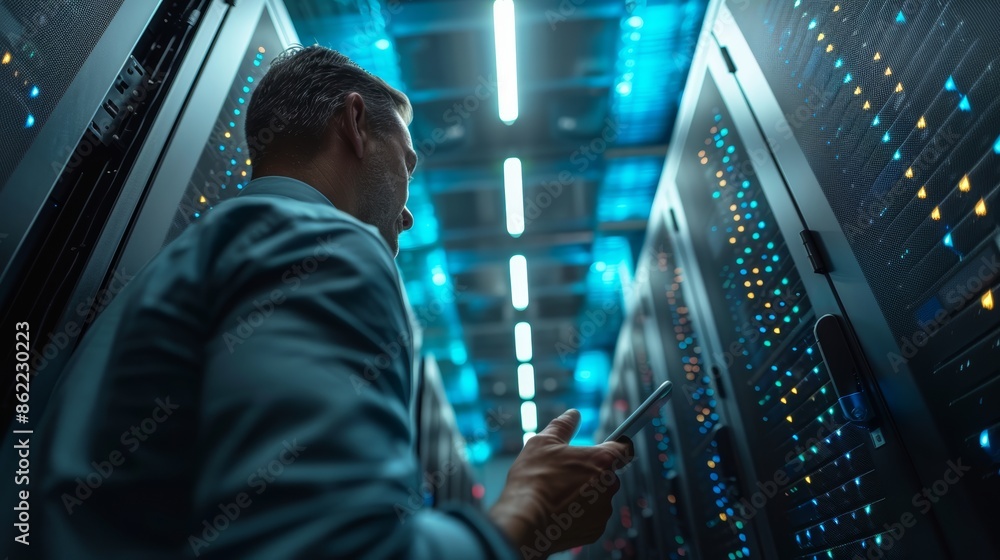 Poster a technician inspects a server rack in a brightly lit data center. he is looking at a tablet compute