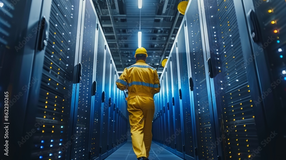 Poster a technician in a yellow jumpsuit walks through a server room, inspecting rows of data servers. the 