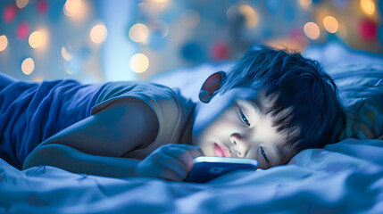 Exhausted and sleepy child lying in bed at night addicted to using a smartphone and scrolling through social media struggling with insomnia and boredom due to technology addiction